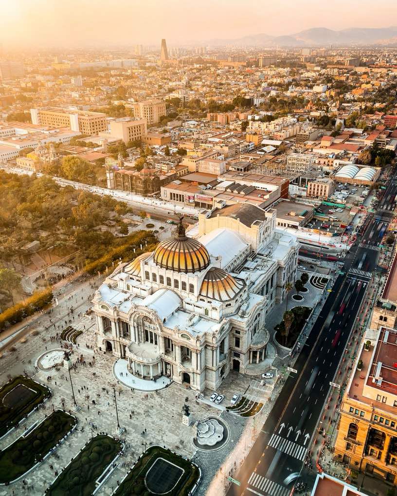 Aerial view of the Palacio de Bellas Artes and Mexico City at sunset