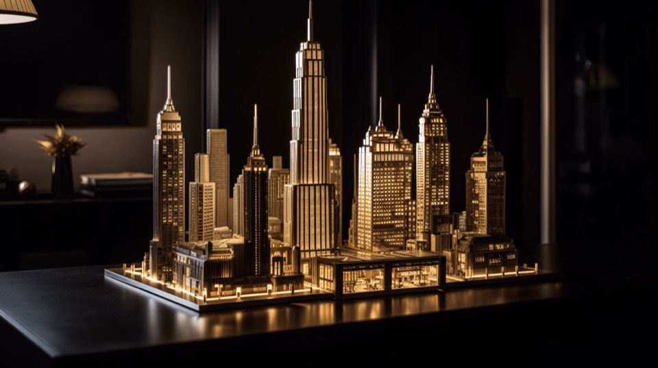 A lit architectural model of a city skyline on a desk