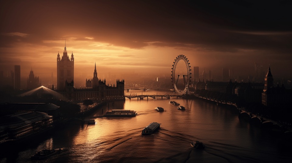 The London skyline along the river at dusk