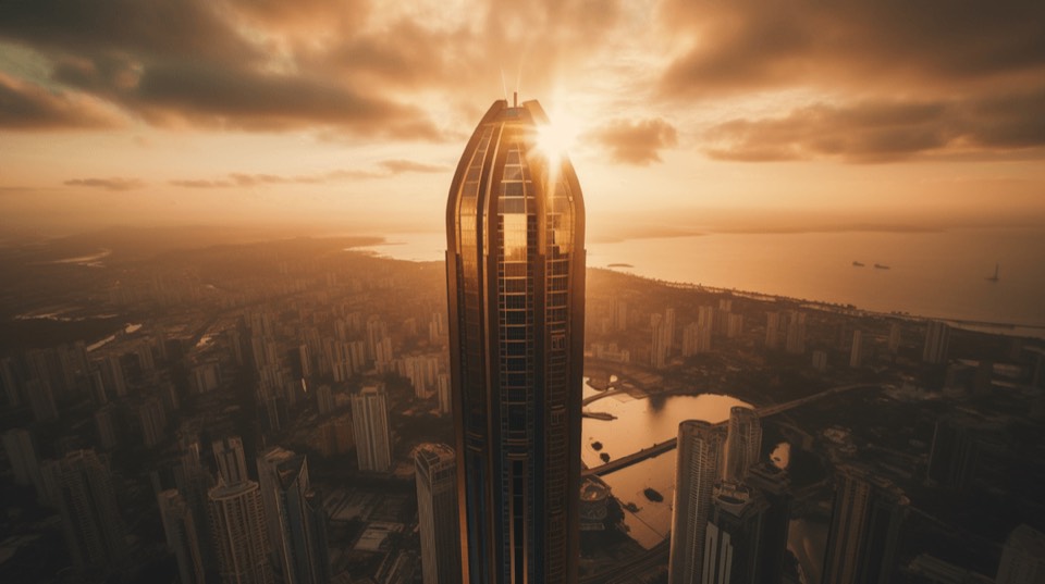 A tower above a coastal city at sunrise