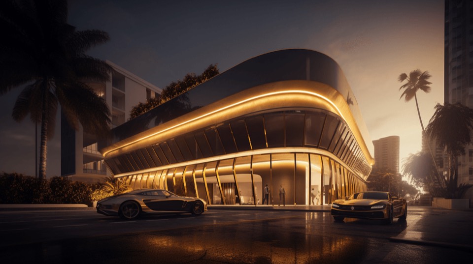 A lit building at dusk, palms and parked cars