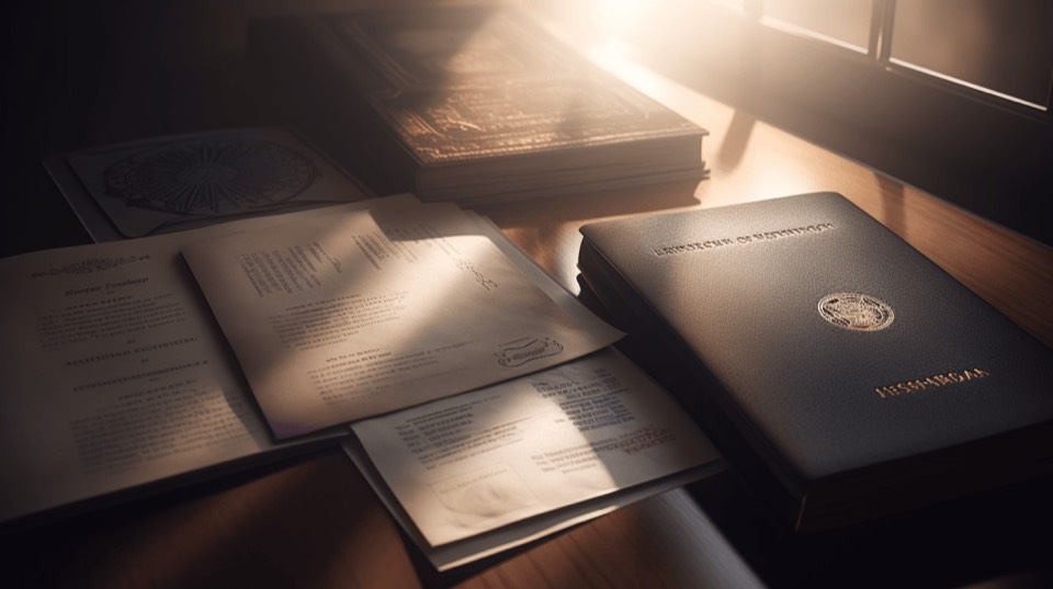 Documents open on a desk in low light