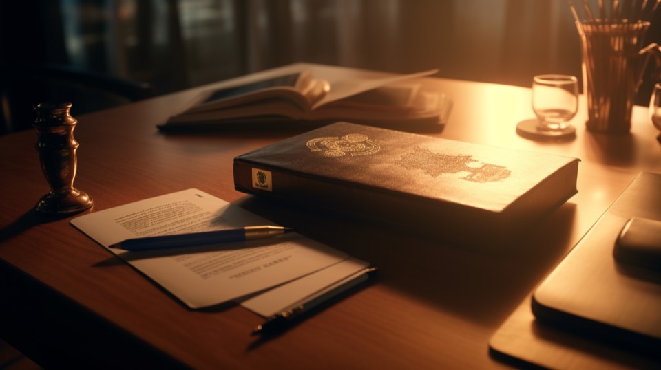 A gold-embossed document cover and printed papers with a pen across them, on a wooden desk in warm light