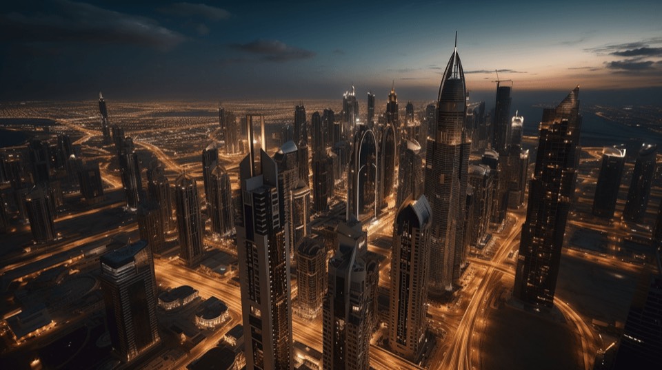 A city skyline at dusk, lit from end to end